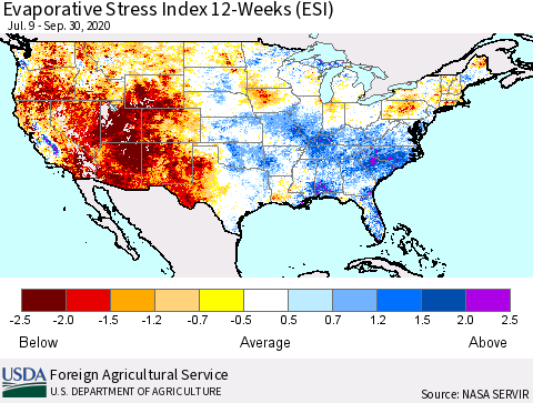 United States Evaporative Stress Index (ESI), 12-Weeks Thematic Map For 9/28/2020 - 10/4/2020