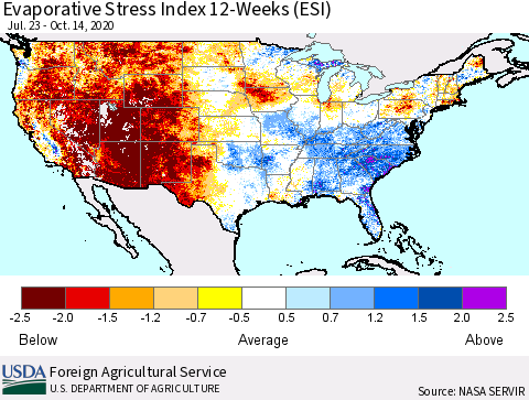 United States Evaporative Stress Index (ESI), 12-Weeks Thematic Map For 10/12/2020 - 10/18/2020