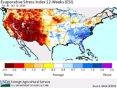 United States Evaporative Stress Index (ESI), 12-Weeks Thematic Map For 10/19/2020 - 10/25/2020
