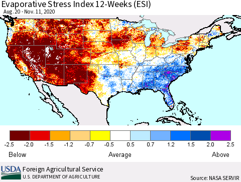 United States Evaporative Stress Index (ESI), 12-Weeks Thematic Map For 11/9/2020 - 11/15/2020