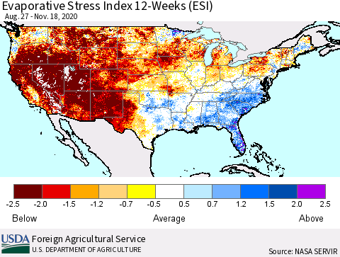 United States Evaporative Stress Index (ESI), 12-Weeks Thematic Map For 11/16/2020 - 11/22/2020