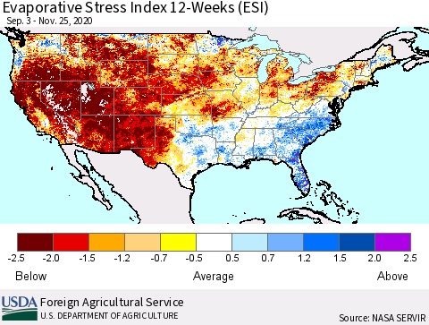 United States Evaporative Stress Index (ESI), 12-Weeks Thematic Map For 11/23/2020 - 11/29/2020
