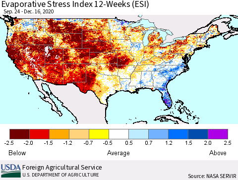 United States Evaporative Stress Index (ESI), 12-Weeks Thematic Map For 12/14/2020 - 12/20/2020