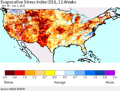 United States Evaporative Stress Index (ESI), 12-Weeks Thematic Map For 12/28/2020 - 1/3/2021