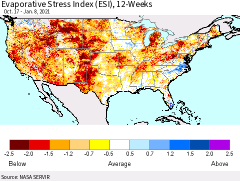 United States Evaporative Stress Index (ESI), 12-Weeks Thematic Map For 1/4/2021 - 1/10/2021
