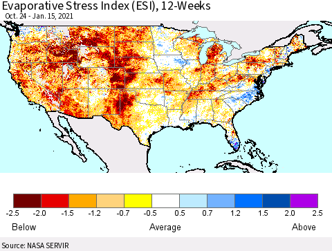 United States Evaporative Stress Index (ESI), 12-Weeks Thematic Map For 1/11/2021 - 1/17/2021