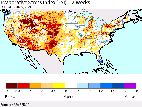United States Evaporative Stress Index (ESI), 12-Weeks Thematic Map For 1/18/2021 - 1/24/2021