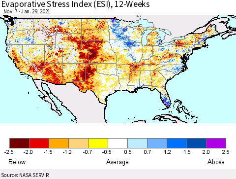 United States Evaporative Stress Index 12-Weeks (ESI) Thematic Map For 1/25/2021 - 1/31/2021