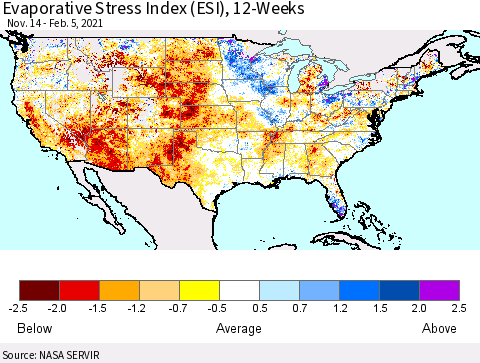 United States Evaporative Stress Index (ESI), 12-Weeks Thematic Map For 2/1/2021 - 2/7/2021