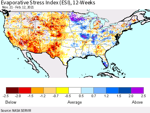 United States Evaporative Stress Index 12-Weeks (ESI) Thematic Map For 2/8/2021 - 2/14/2021