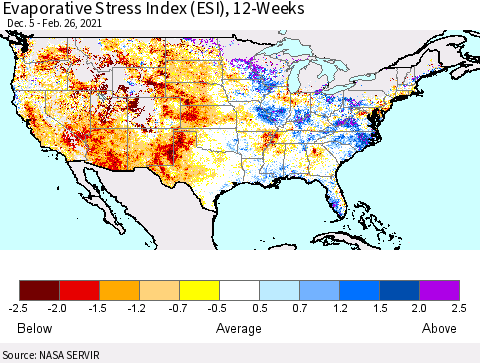 United States Evaporative Stress Index (ESI), 12-Weeks Thematic Map For 2/22/2021 - 2/28/2021