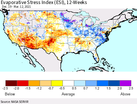 United States Evaporative Stress Index (ESI), 12-Weeks Thematic Map For 3/8/2021 - 3/14/2021