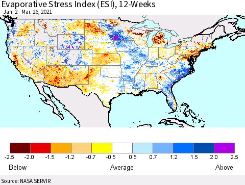 United States Evaporative Stress Index (ESI), 12-Weeks Thematic Map For 3/22/2021 - 3/28/2021
