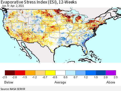 United States Evaporative Stress Index (ESI), 12-Weeks Thematic Map For 3/29/2021 - 4/4/2021