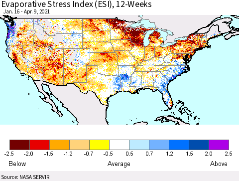 United States Evaporative Stress Index (ESI), 12-Weeks Thematic Map For 4/5/2021 - 4/11/2021