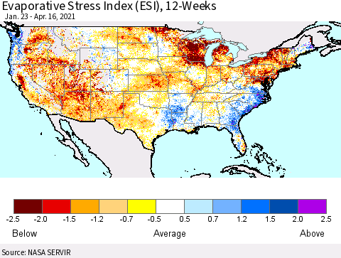 United States Evaporative Stress Index (ESI), 12-Weeks Thematic Map For 4/12/2021 - 4/18/2021