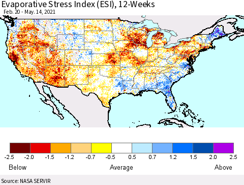 United States Evaporative Stress Index (ESI), 12-Weeks Thematic Map For 5/10/2021 - 5/16/2021
