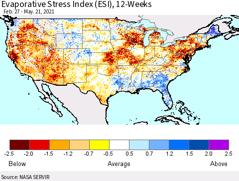 United States Evaporative Stress Index (ESI), 12-Weeks Thematic Map For 5/17/2021 - 5/23/2021