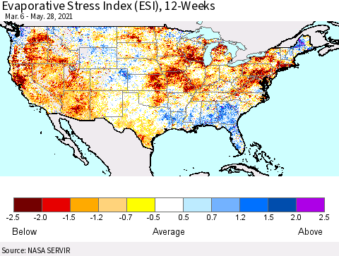 United States Evaporative Stress Index (ESI), 12-Weeks Thematic Map For 5/24/2021 - 5/30/2021