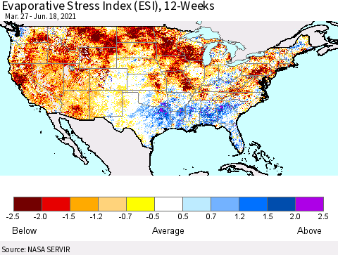 United States Evaporative Stress Index (ESI), 12-Weeks Thematic Map For 6/14/2021 - 6/20/2021