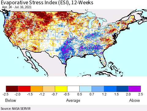 United States Evaporative Stress Index (ESI), 12-Weeks Thematic Map For 7/12/2021 - 7/18/2021