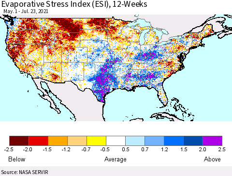 United States Evaporative Stress Index (ESI), 12-Weeks Thematic Map For 7/19/2021 - 7/25/2021