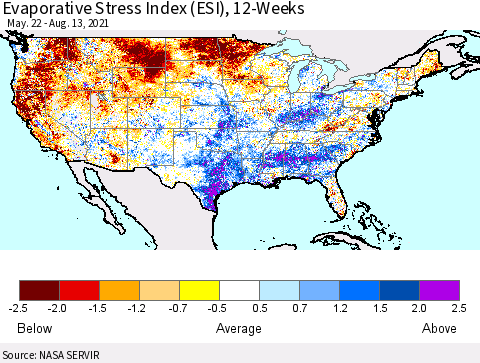 United States Evaporative Stress Index (ESI), 12-Weeks Thematic Map For 8/9/2021 - 8/15/2021
