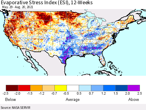 United States Evaporative Stress Index (ESI), 12-Weeks Thematic Map For 8/16/2021 - 8/22/2021