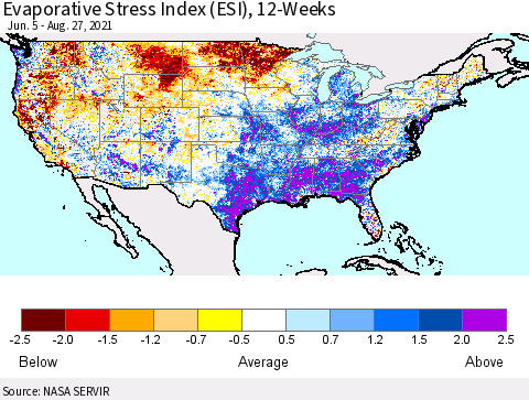 United States Evaporative Stress Index 12-Weeks (ESI) Thematic Map For 8/23/2021 - 8/29/2021