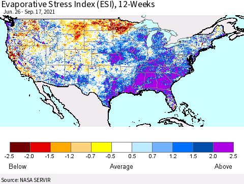 United States Evaporative Stress Index (ESI), 12-Weeks Thematic Map For 9/13/2021 - 9/19/2021