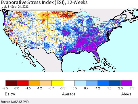 United States Evaporative Stress Index (ESI), 12-Weeks Thematic Map For 9/20/2021 - 9/26/2021