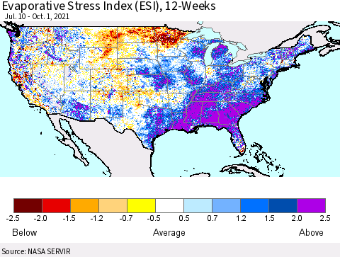 United States Evaporative Stress Index (ESI), 12-Weeks Thematic Map For 9/27/2021 - 10/3/2021