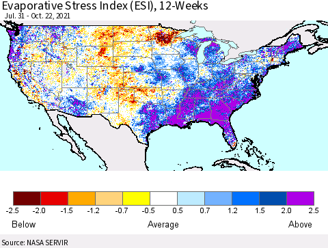 United States Evaporative Stress Index (ESI), 12-Weeks Thematic Map For 10/18/2021 - 10/24/2021