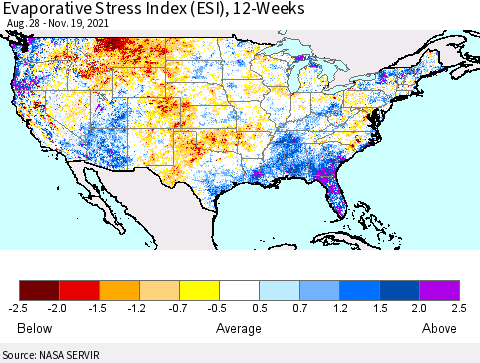 United States Evaporative Stress Index (ESI), 12-Weeks Thematic Map For 11/15/2021 - 11/21/2021