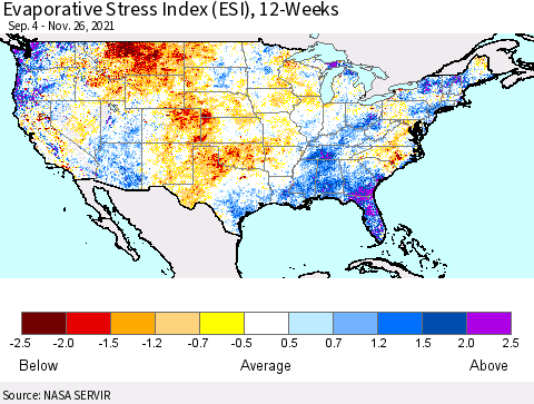 United States Evaporative Stress Index (ESI), 12-Weeks Thematic Map For 11/22/2021 - 11/28/2021