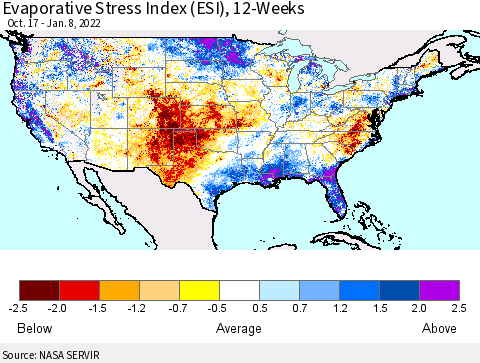 United States Evaporative Stress Index (ESI), 12-Weeks Thematic Map For 1/3/2022 - 1/9/2022