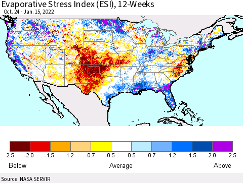 United States Evaporative Stress Index (ESI), 12-Weeks Thematic Map For 1/10/2022 - 1/16/2022