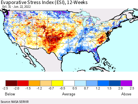 United States Evaporative Stress Index (ESI), 12-Weeks Thematic Map For 1/17/2022 - 1/23/2022
