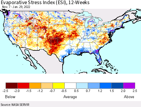 United States Evaporative Stress Index (ESI), 12-Weeks Thematic Map For 1/24/2022 - 1/30/2022