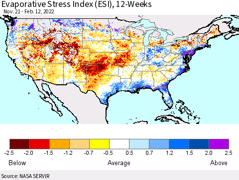 United States Evaporative Stress Index (ESI), 12-Weeks Thematic Map For 2/7/2022 - 2/13/2022