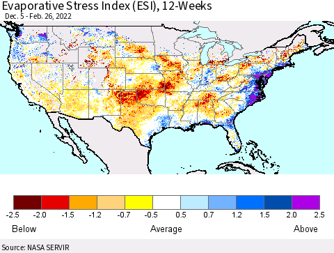 United States Evaporative Stress Index (ESI), 12-Weeks Thematic Map For 2/21/2022 - 2/27/2022