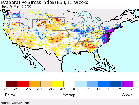 United States Evaporative Stress Index (ESI), 12-Weeks Thematic Map For 3/7/2022 - 3/13/2022