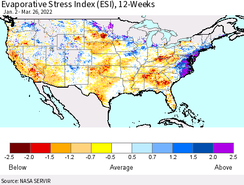 United States Evaporative Stress Index (ESI), 12-Weeks Thematic Map For 3/21/2022 - 3/27/2022