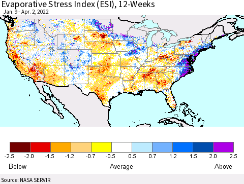 United States Evaporative Stress Index (ESI), 12-Weeks Thematic Map For 3/28/2022 - 4/3/2022