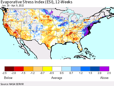 United States Evaporative Stress Index (ESI), 12-Weeks Thematic Map For 4/4/2022 - 4/10/2022