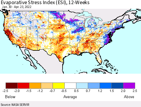 United States Evaporative Stress Index (ESI), 12-Weeks Thematic Map For 4/18/2022 - 4/24/2022