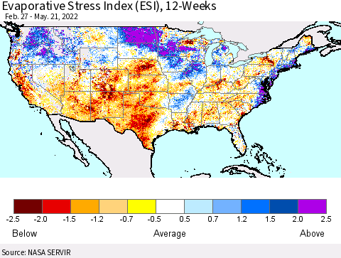 United States Evaporative Stress Index (ESI), 12-Weeks Thematic Map For 5/16/2022 - 5/22/2022