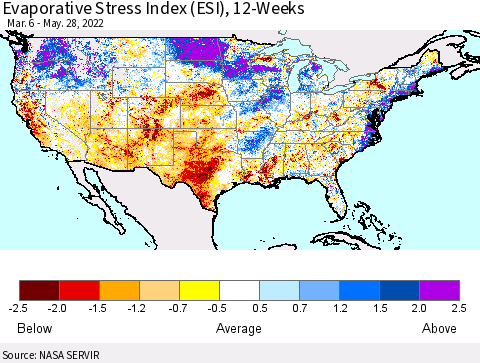 United States Evaporative Stress Index (ESI), 12-Weeks Thematic Map For 5/23/2022 - 5/29/2022
