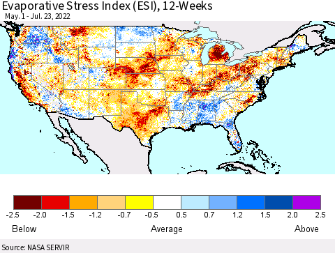 United States Evaporative Stress Index (ESI), 12-Weeks Thematic Map For 7/18/2022 - 7/24/2022