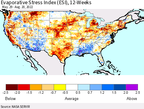 United States Evaporative Stress Index (ESI), 12-Weeks Thematic Map For 8/15/2022 - 8/21/2022